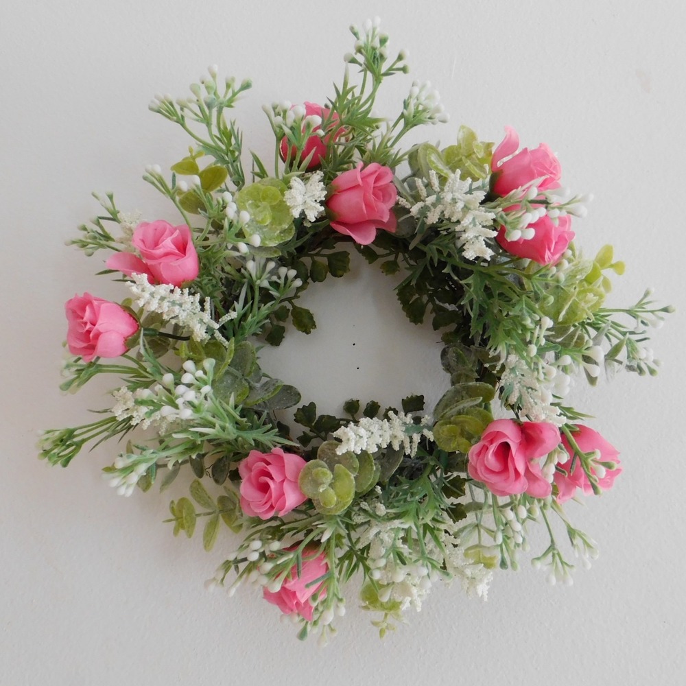 Dusty Miller Mini Wreath Eucalyptus Pink Roses Candle‎ Ring - Picture 5 of 7